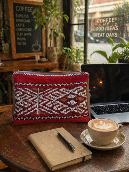 Moroccan handmade red woven textile pouch with traditional geometric Berber-inspired pattern